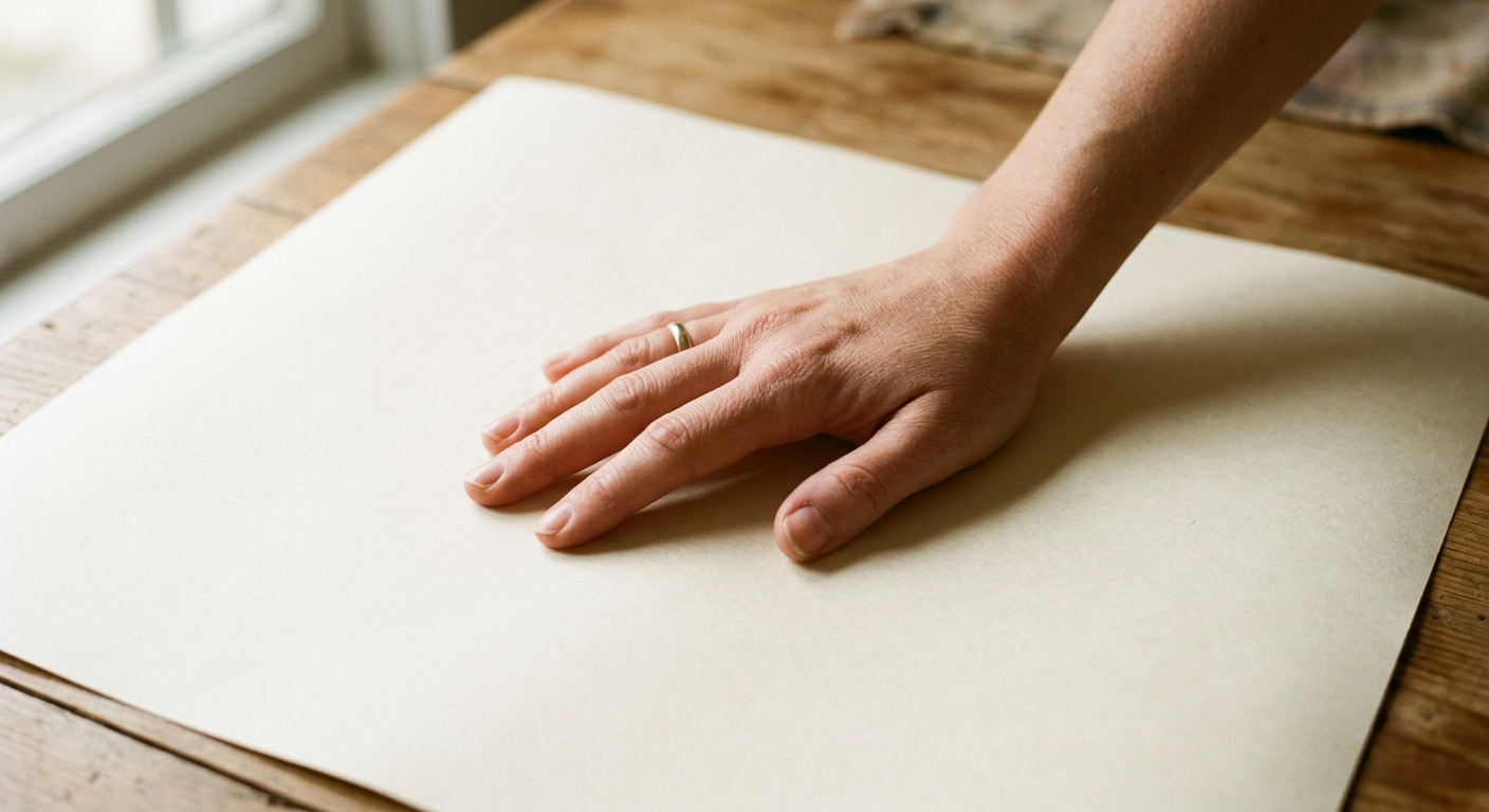 Hand ruht ruhig auf einem leeren Blatt Papier